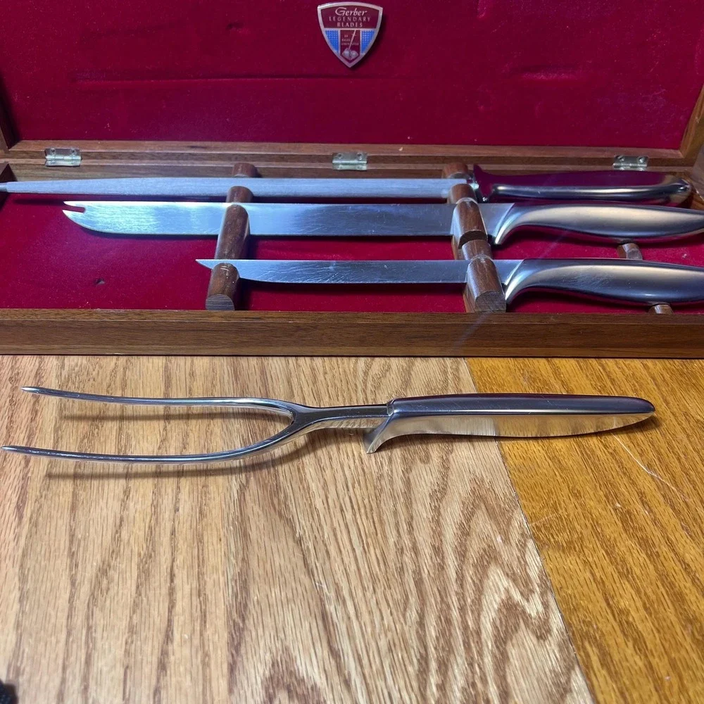 VTG Gerber Legendary Blades Carving Set Walnut Case Ron Knife Gunnir Steel USA
